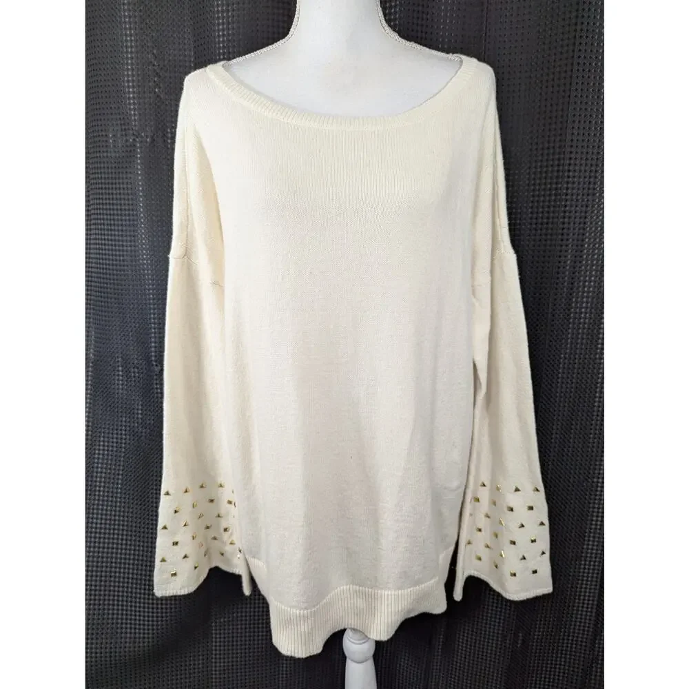 MICHAEL KORS! VANILLA CREAM BELL SLEEVE GOLD STUDDED SCOOP SWEATER! SZ XL - Picture 2 of 10